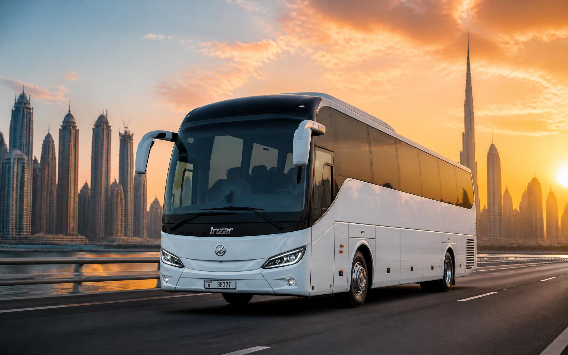 Luxury passenger coach on Dubai highway with Burj Khalifa